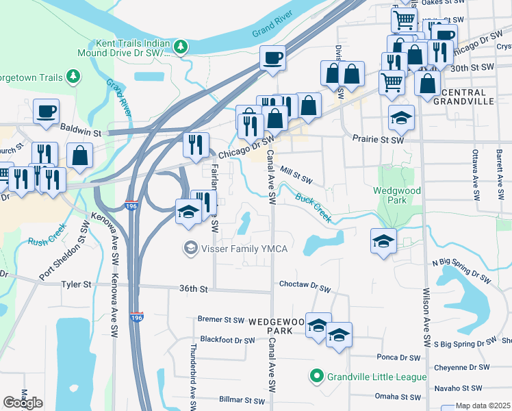 map of restaurants, bars, coffee shops, grocery stores, and more near 3347 Canal Avenue Southwest in Grandville