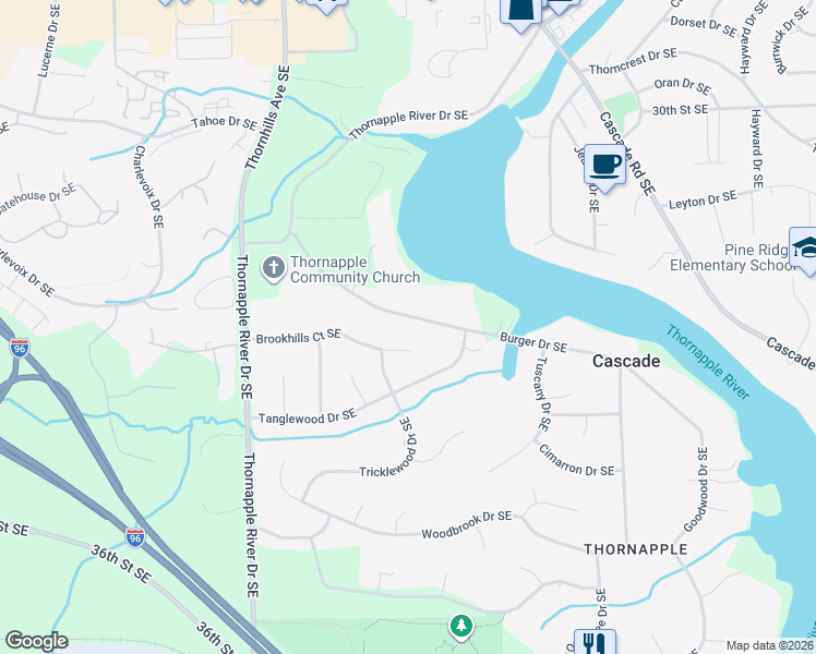 map of restaurants, bars, coffee shops, grocery stores, and more near 6669 Brookhills Court Southeast in Grand Rapids