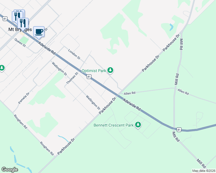map of restaurants, bars, coffee shops, grocery stores, and more near 697 William Street in Mount Brydges