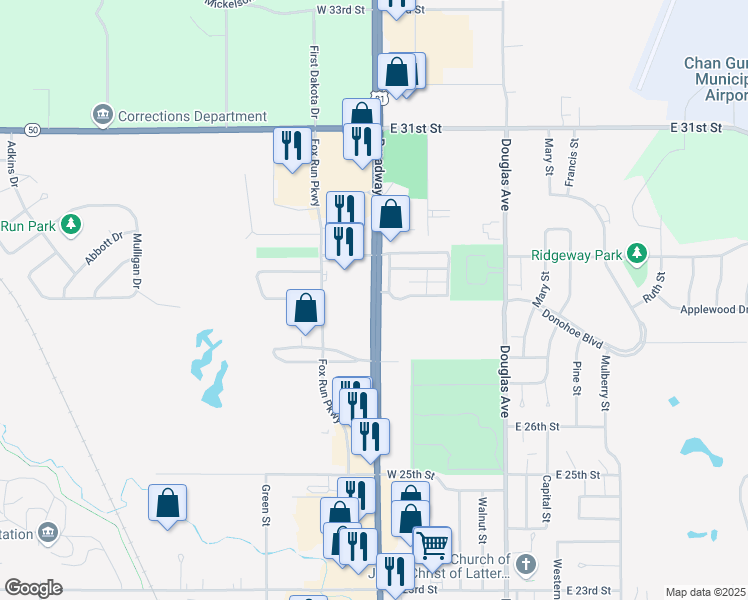 map of restaurants, bars, coffee shops, grocery stores, and more near Broadway Avenue in Yankton