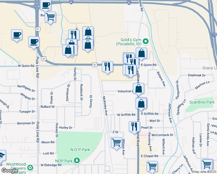 map of restaurants, bars, coffee shops, grocery stores, and more near 424 Industrial Lane in Pocatello