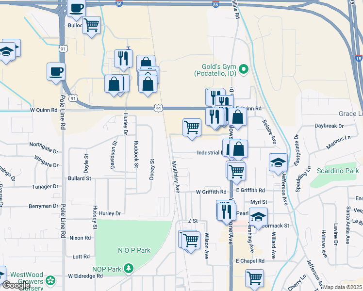 map of restaurants, bars, coffee shops, grocery stores, and more near 424 Industrial Lane in Pocatello