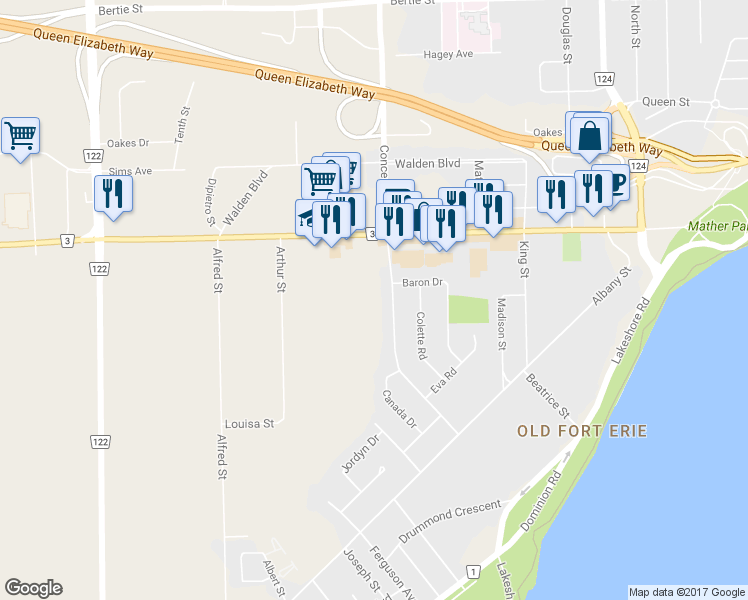 map of restaurants, bars, coffee shops, grocery stores, and more near 363 Garrison Road in Fort Erie