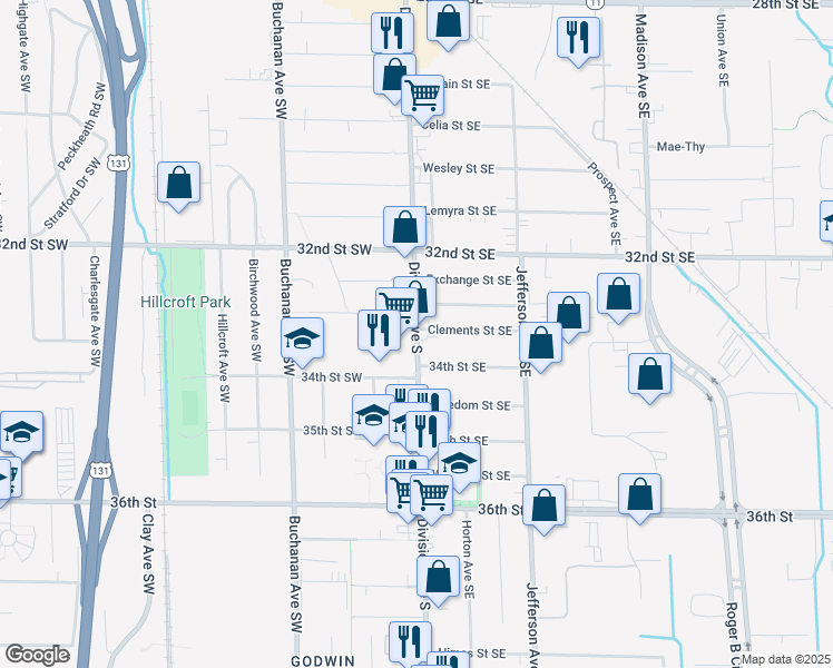 map of restaurants, bars, coffee shops, grocery stores, and more near 3333 Division Avenue South in Grand Rapids