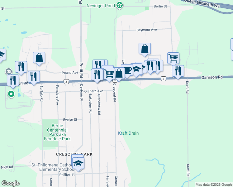 map of restaurants, bars, coffee shops, grocery stores, and more near 1006 Crescent Road in Fort Erie