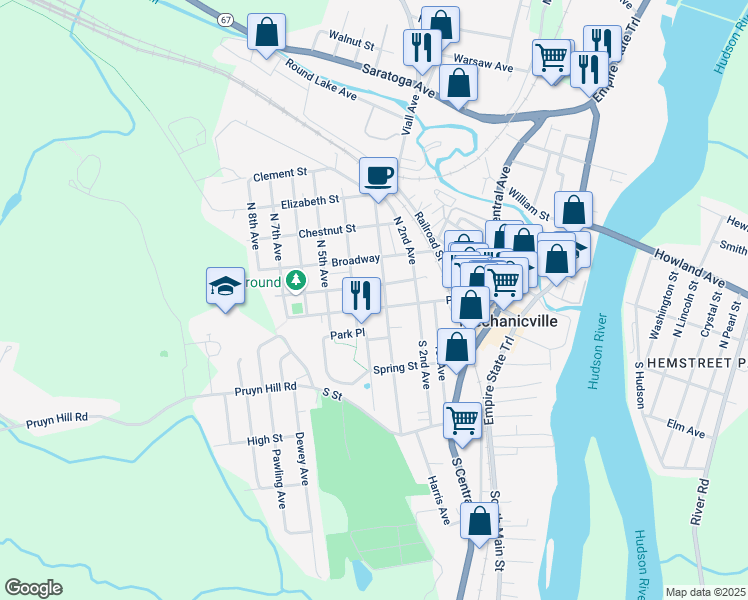 map of restaurants, bars, coffee shops, grocery stores, and more near 515 Park Avenue in Mechanicville