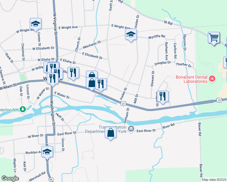 map of restaurants, bars, coffee shops, grocery stores, and more near 237 East Main Street in Waterloo