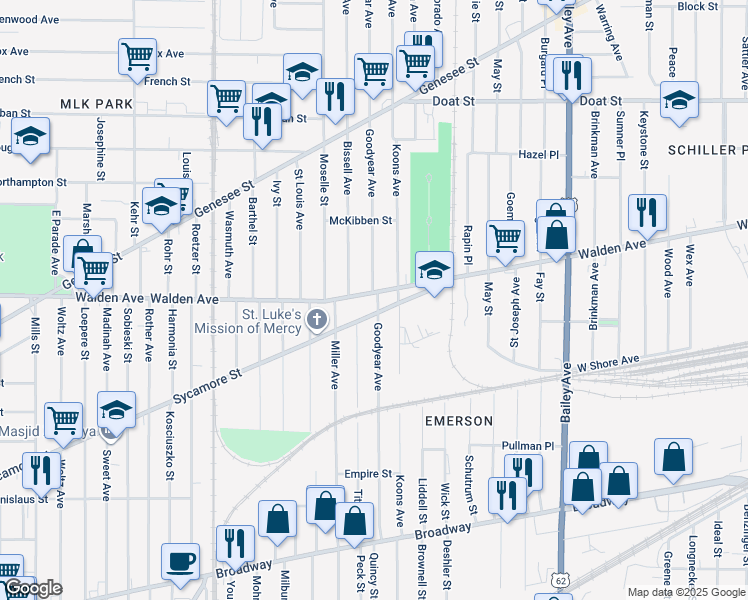 map of restaurants, bars, coffee shops, grocery stores, and more near 1375 Sycamore Street in Buffalo