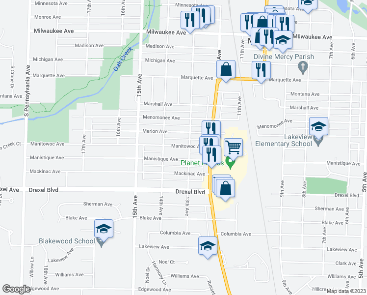 map of restaurants, bars, coffee shops, grocery stores, and more near 1316 Manistique Avenue in South Milwaukee