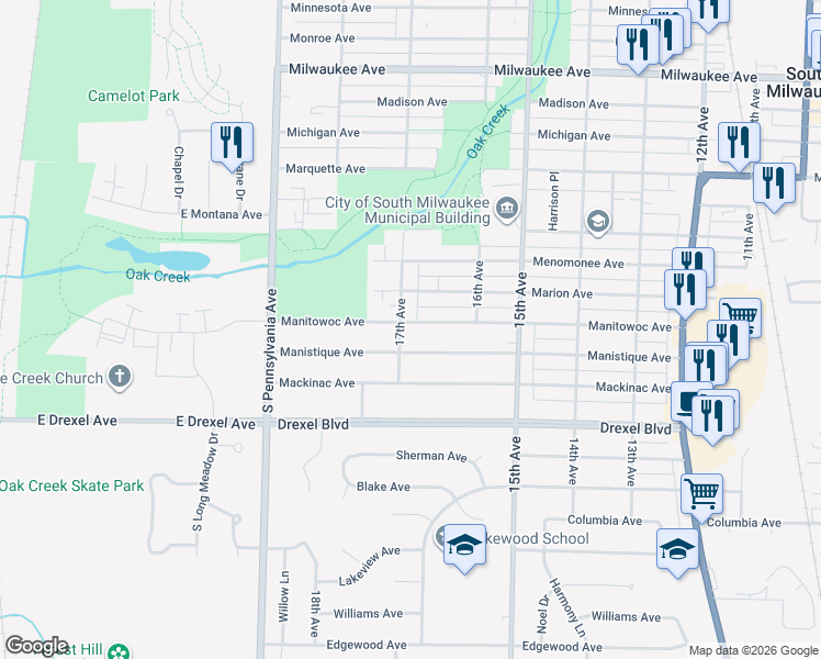 map of restaurants, bars, coffee shops, grocery stores, and more near 1638 Manistique Avenue in South Milwaukee