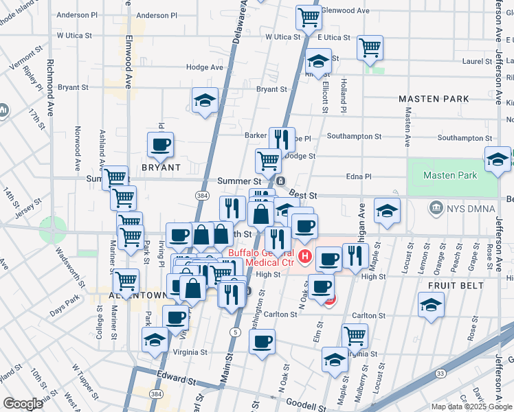 map of restaurants, bars, coffee shops, grocery stores, and more near 1051 Main Street in Buffalo
