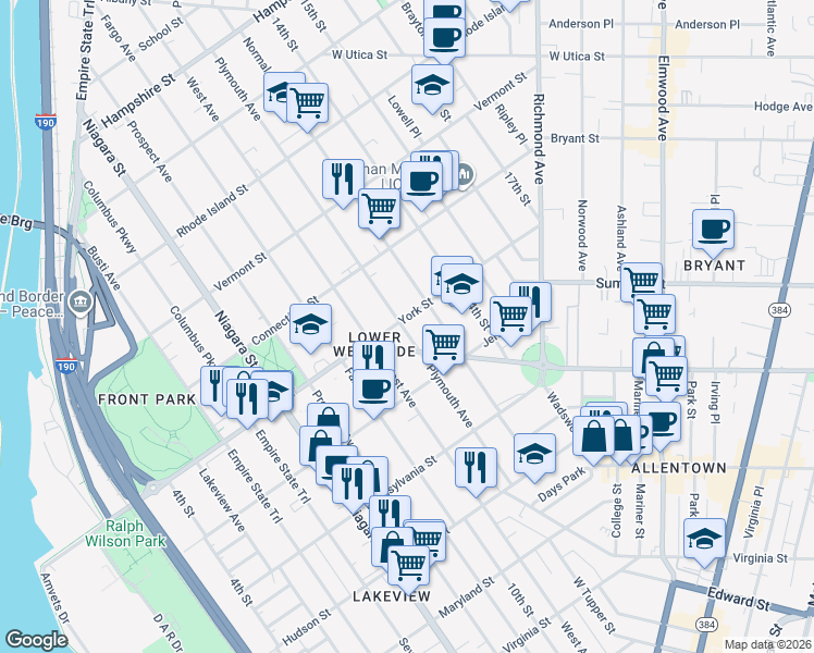 map of restaurants, bars, coffee shops, grocery stores, and more near 432 Porter Avenue in Buffalo