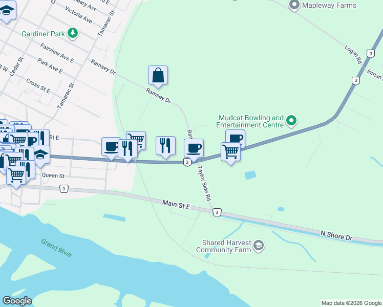 map of restaurants, bars, coffee shops, grocery stores, and more near 937 Broad Street East in Haldimand