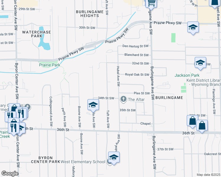 map of restaurants, bars, coffee shops, grocery stores, and more near 3332 Taft Avenue Southwest in Wyoming