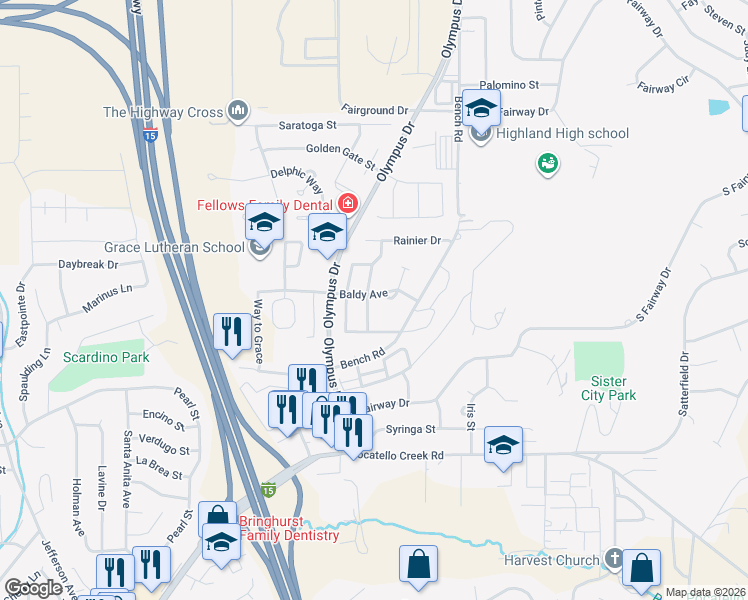 map of restaurants, bars, coffee shops, grocery stores, and more near 1543 Shasta Street in Pocatello