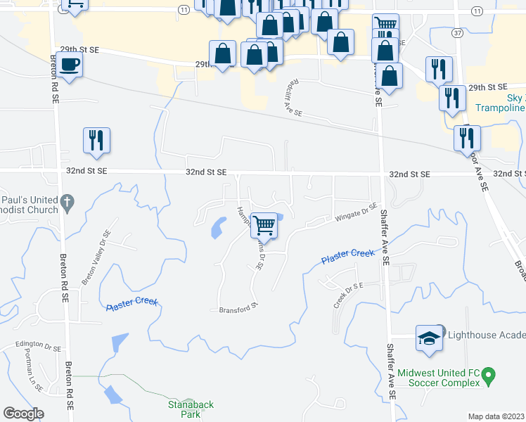 map of restaurants, bars, coffee shops, grocery stores, and more near 3348 Hampton Downs Drive Southeast in Kentwood