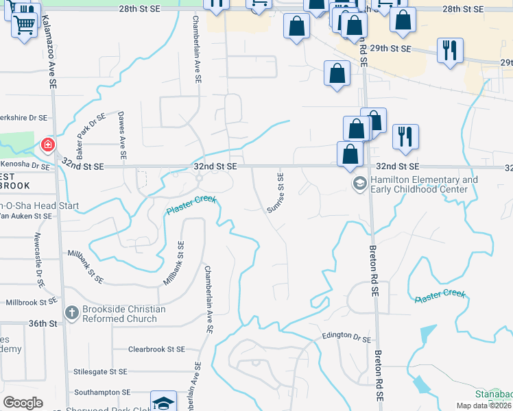 map of restaurants, bars, coffee shops, grocery stores, and more near 3294 Sunrise Street Southeast in Grand Rapids
