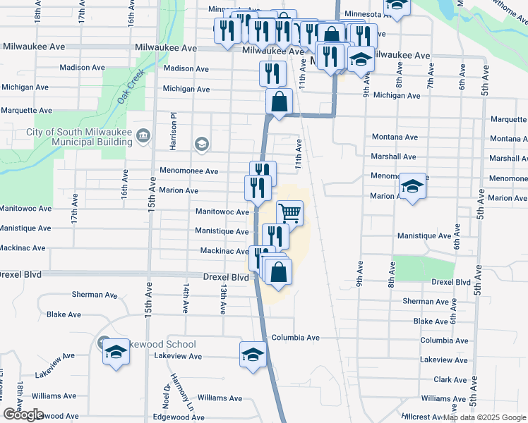 map of restaurants, bars, coffee shops, grocery stores, and more near in South Milwaukee