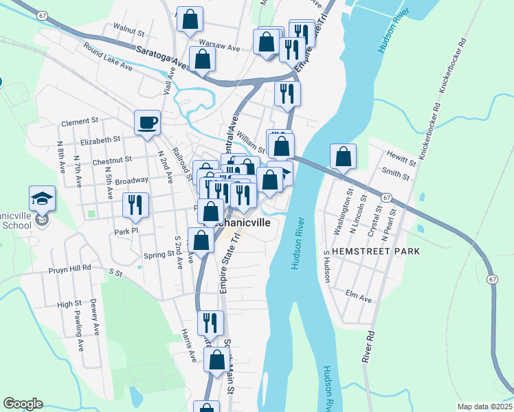 map of restaurants, bars, coffee shops, grocery stores, and more near North Main Street & Hill Street in Mechanicville