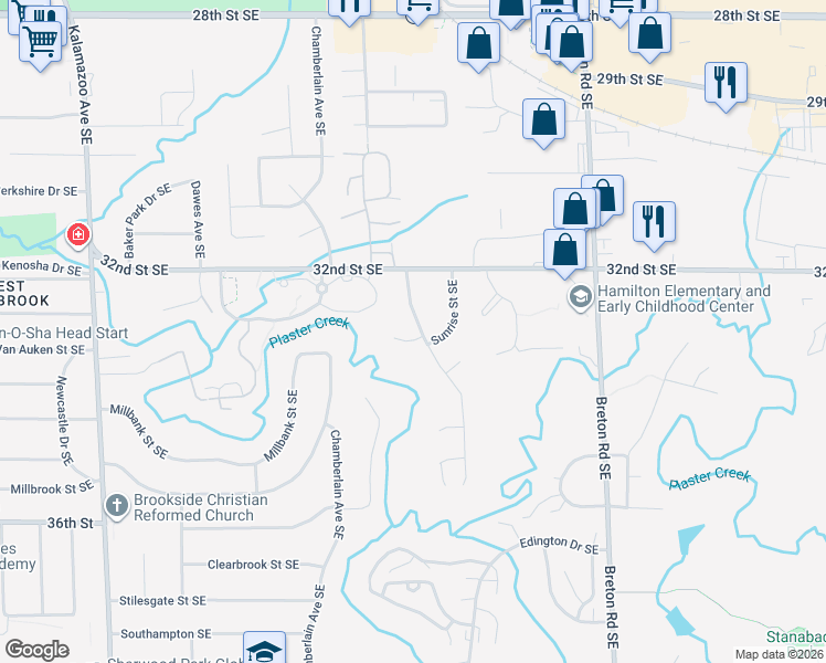 map of restaurants, bars, coffee shops, grocery stores, and more near 3294 Sunrise Street Southeast in Grand Rapids