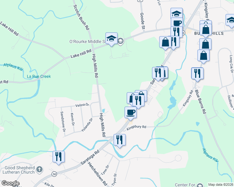 map of restaurants, bars, coffee shops, grocery stores, and more near 36 High Mills Scotch Bush Road in Schenectady County