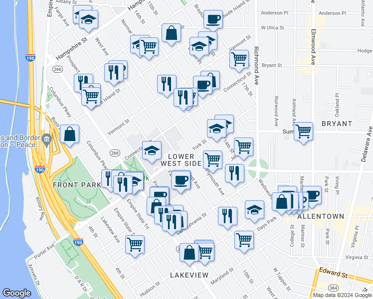 map of restaurants, bars, coffee shops, grocery stores, and more near 30 York Street in Buffalo