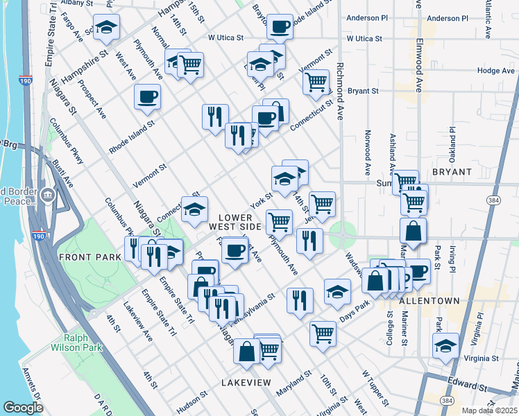 map of restaurants, bars, coffee shops, grocery stores, and more near 432 Porter Avenue in Buffalo