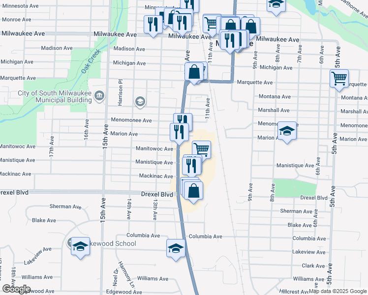map of restaurants, bars, coffee shops, grocery stores, and more near 2816 South Chicago Avenue in South Milwaukee