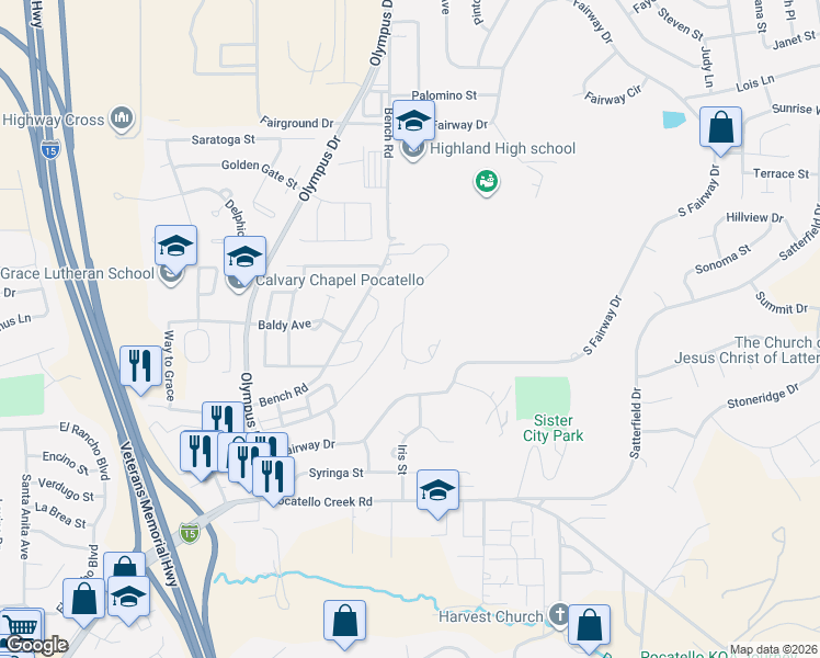 map of restaurants, bars, coffee shops, grocery stores, and more near 1823 South Von Elm Street in Pocatello
