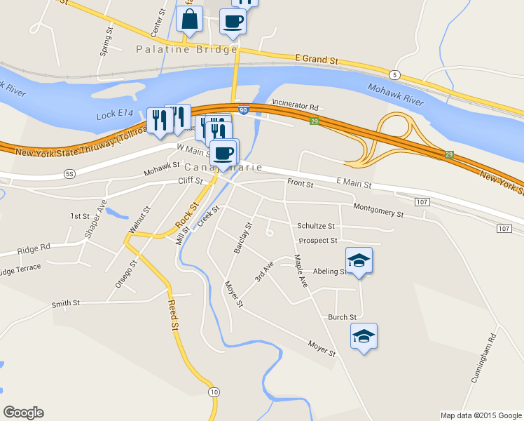 map of restaurants, bars, coffee shops, grocery stores, and more near 42 Wheelock Street in Canajoharie