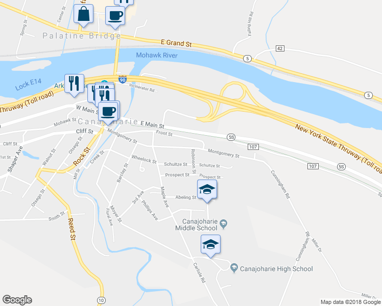 map of restaurants, bars, coffee shops, grocery stores, and more near 4 Robinson Street in Canajoharie