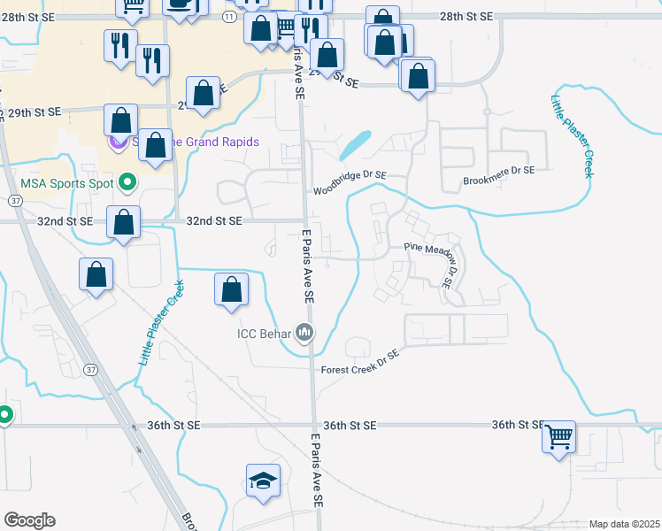 map of restaurants, bars, coffee shops, grocery stores, and more near 3320 East Paris Avenue Southeast in Kentwood