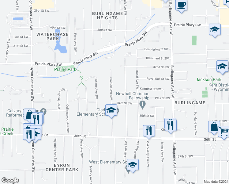 map of restaurants, bars, coffee shops, grocery stores, and more near 3332 Gladiola Avenue Southwest in Wyoming