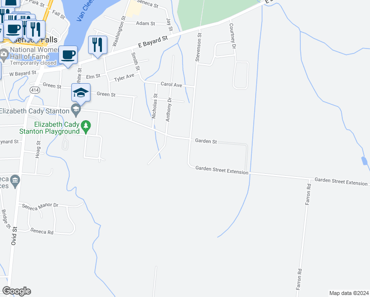 map of restaurants, bars, coffee shops, grocery stores, and more near 108 Garden Street in Seneca Falls