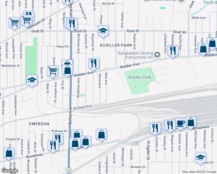 map of restaurants, bars, coffee shops, grocery stores, and more near 39 Wex Avenue in Buffalo