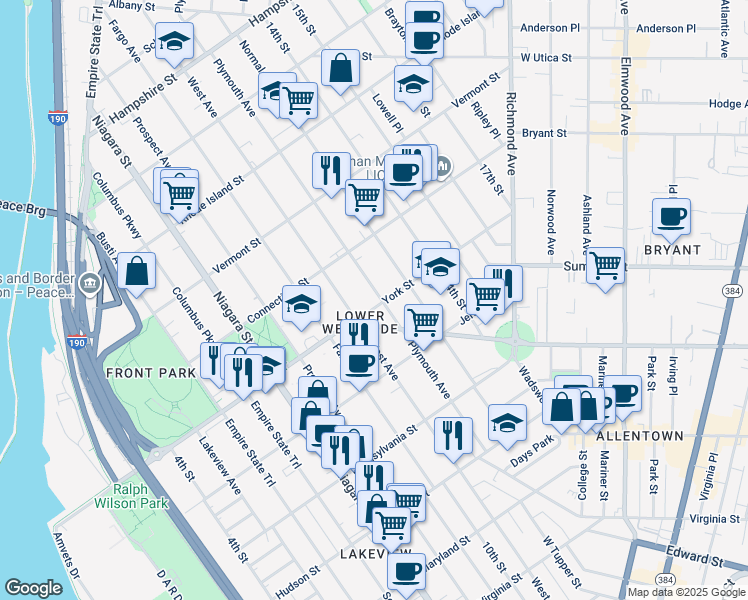 map of restaurants, bars, coffee shops, grocery stores, and more near 396 Porter Avenue in Buffalo