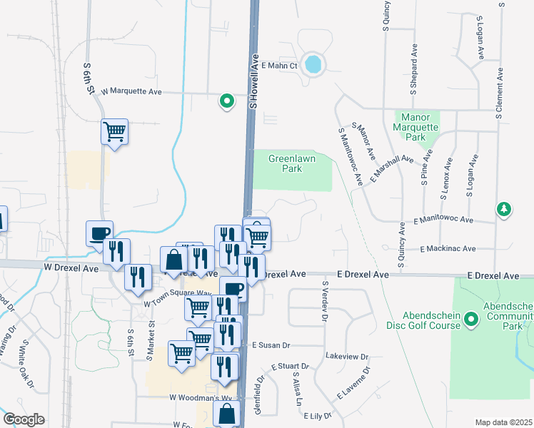 map of restaurants, bars, coffee shops, grocery stores, and more near 65 East Fieldstone Circle in Oak Creek