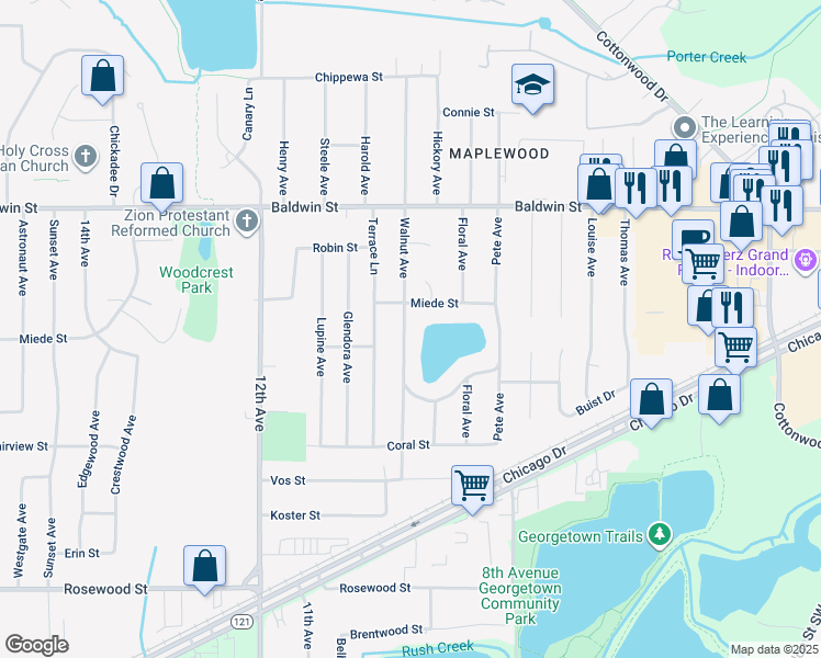 map of restaurants, bars, coffee shops, grocery stores, and more near 7412 Walnut Avenue in Georgetown Township