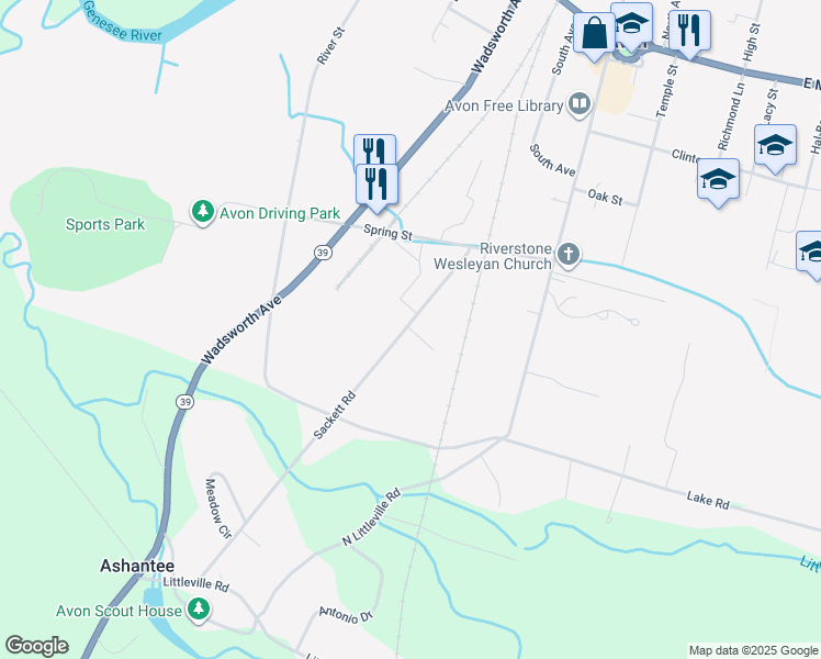 map of restaurants, bars, coffee shops, grocery stores, and more near 168 Sackett Road in Avon