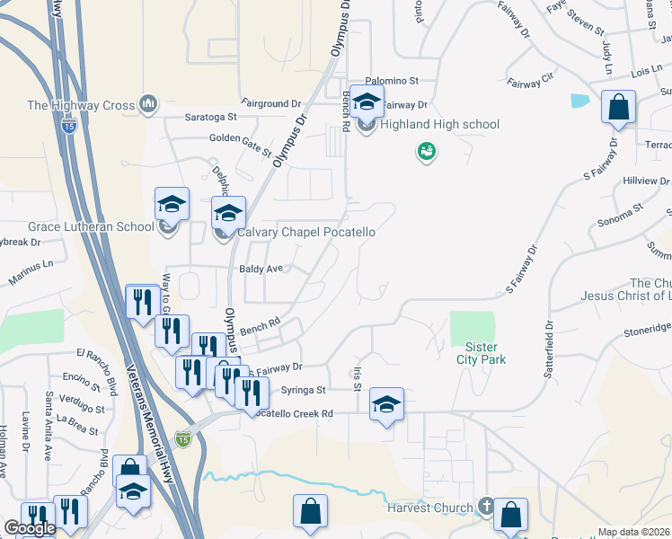 map of restaurants, bars, coffee shops, grocery stores, and more near 1655 Pocatello Bench Rd in Pocatello