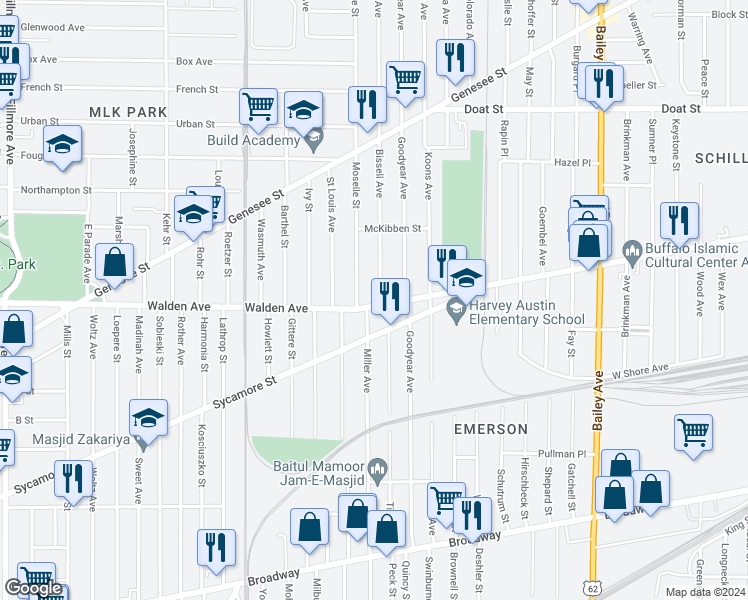 map of restaurants, bars, coffee shops, grocery stores, and more near 342 Walden Avenue in Buffalo