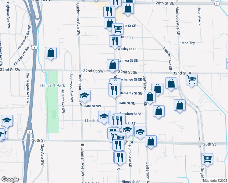 map of restaurants, bars, coffee shops, grocery stores, and more near 3333 Division Avenue South in Grand Rapids