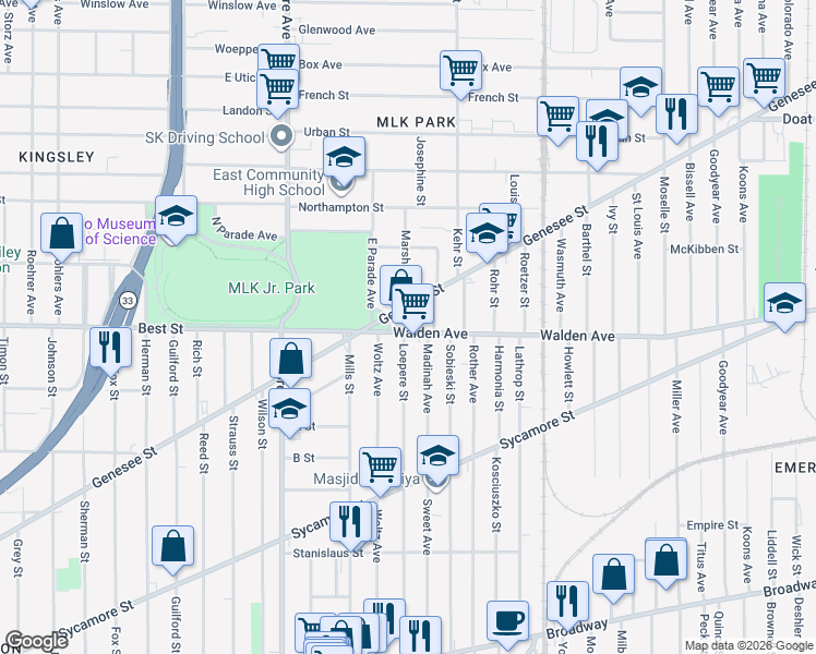 map of restaurants, bars, coffee shops, grocery stores, and more near 1219 Genesee Street in Buffalo