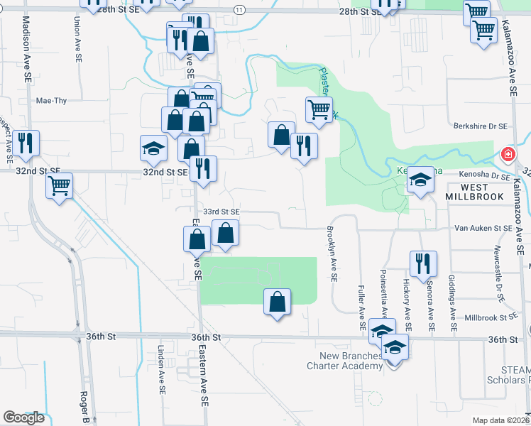 map of restaurants, bars, coffee shops, grocery stores, and more near 946 33rd Street Southeast in Grand Rapids