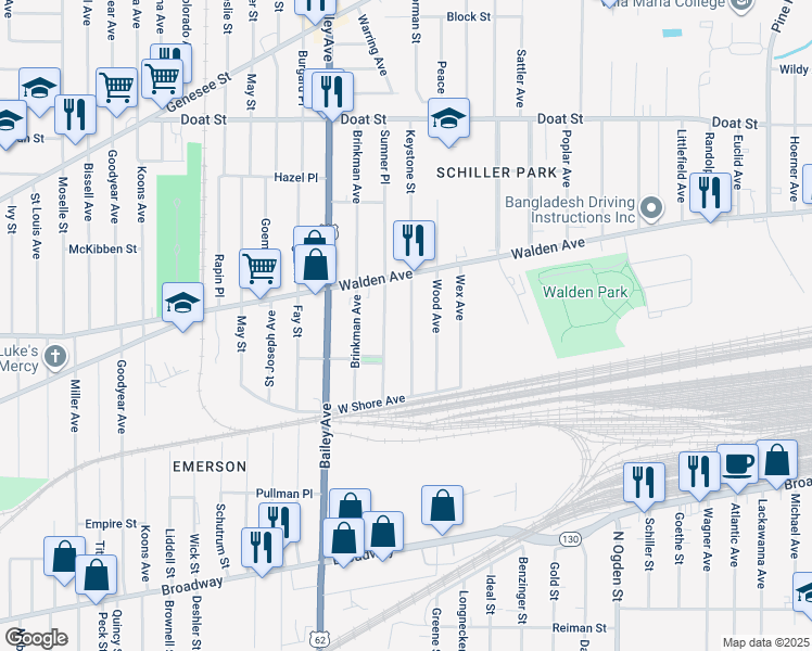 map of restaurants, bars, coffee shops, grocery stores, and more near 101 Keystone Street in Buffalo