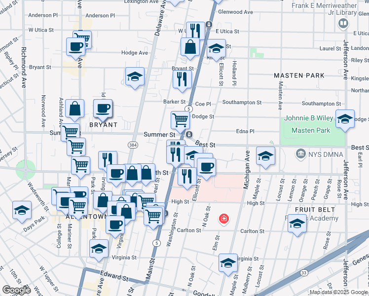 map of restaurants, bars, coffee shops, grocery stores, and more near 1130 Main Street in Buffalo