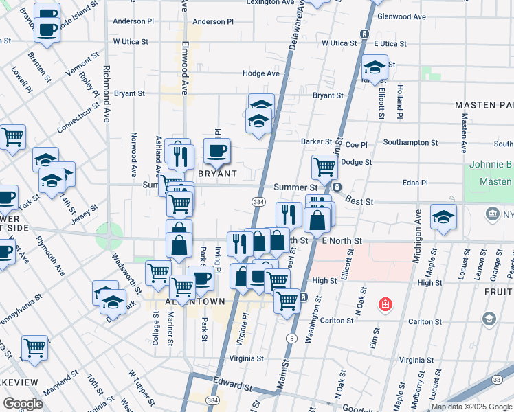 map of restaurants, bars, coffee shops, grocery stores, and more near 742 Delaware Avenue in Buffalo