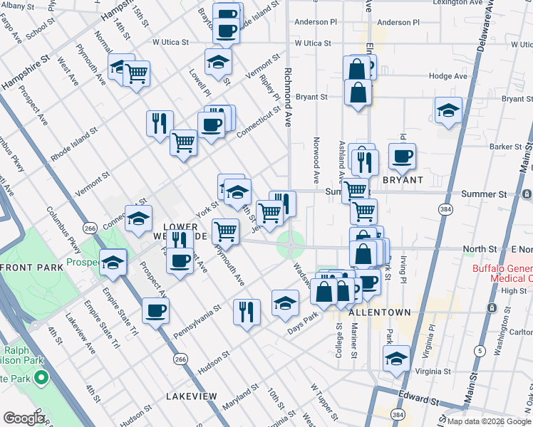 map of restaurants, bars, coffee shops, grocery stores, and more near 33 Ketchum Place in Buffalo