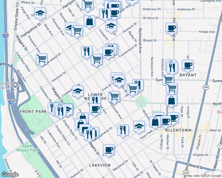 map of restaurants, bars, coffee shops, grocery stores, and more near 80 York Street in Buffalo