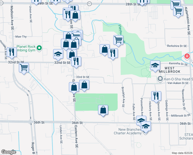 map of restaurants, bars, coffee shops, grocery stores, and more near 944 Lancashire Court Southeast in Grand Rapids